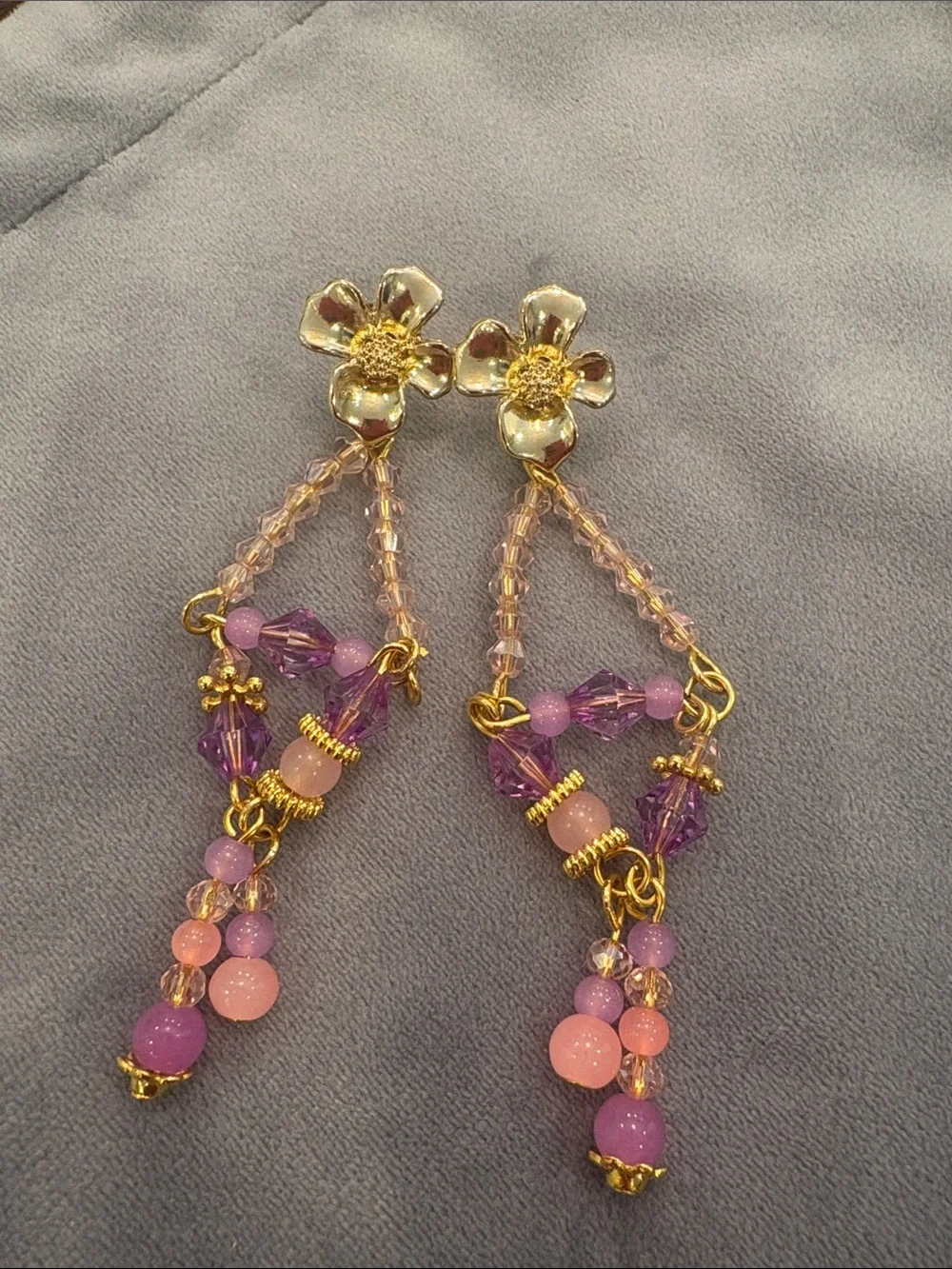Gold Floral Drop Earrings with Pink and Purple Beads-NWT